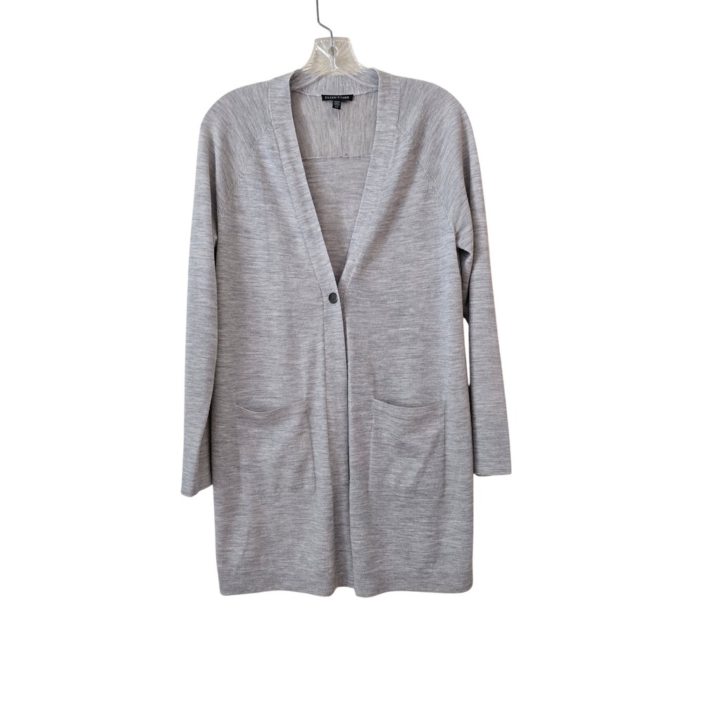 Eileen Fisher Merino Wool Long Cardigan Grey Single Button Pockets Small
